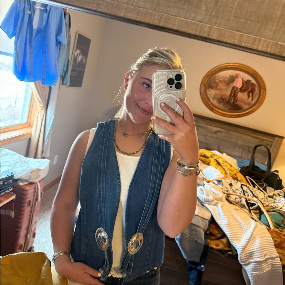 WESTERN  Blue Denim Vest with SILVER CONCHOS Accents
